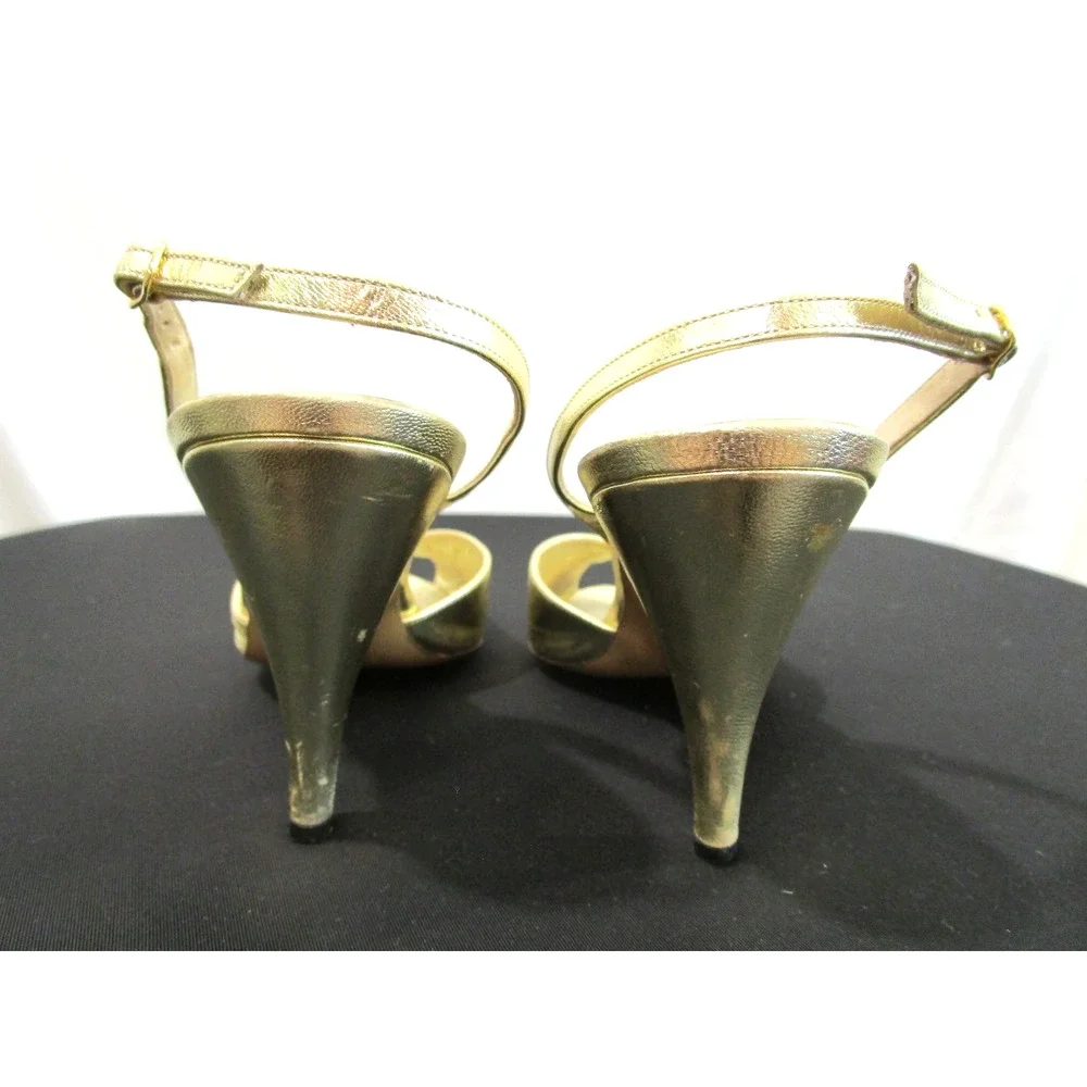 Vintage Bruno Magli Italy Gold Leather Rhinestone Slingback Heels, Women 6.5 B